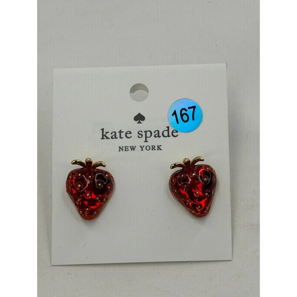 Kate Spade New York Strawberry Stud Earrings Red Gold Tone Fruit NWT Party Cte